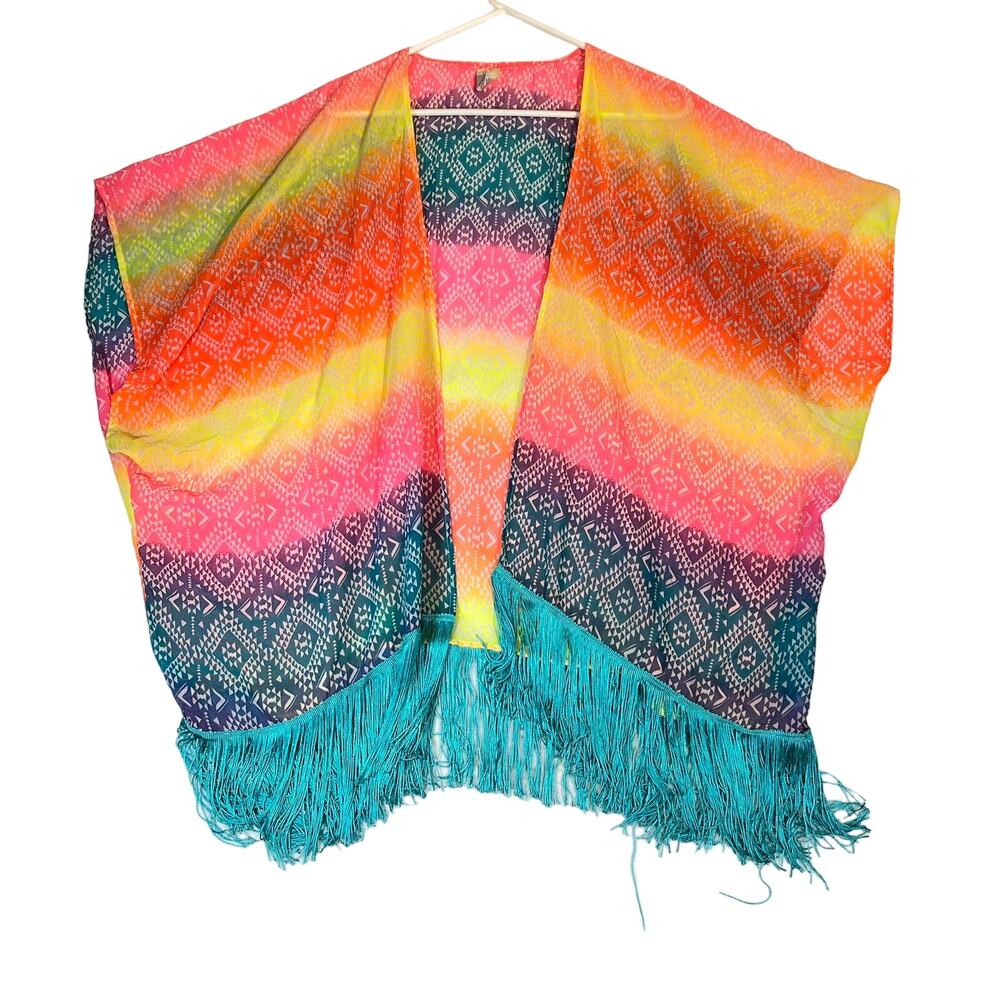 OP Beach Cover-Up L 11-13 Boho Vibrant Florescent Hues w/ Fringed Hem Beach